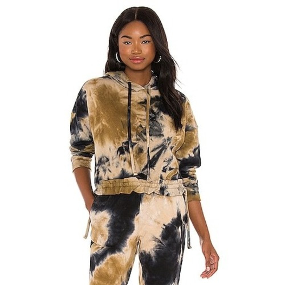 BLANKNYC Women Black Tan Tie Dye Cropped Hoodie Sweatshirt 01CV4161NO Large